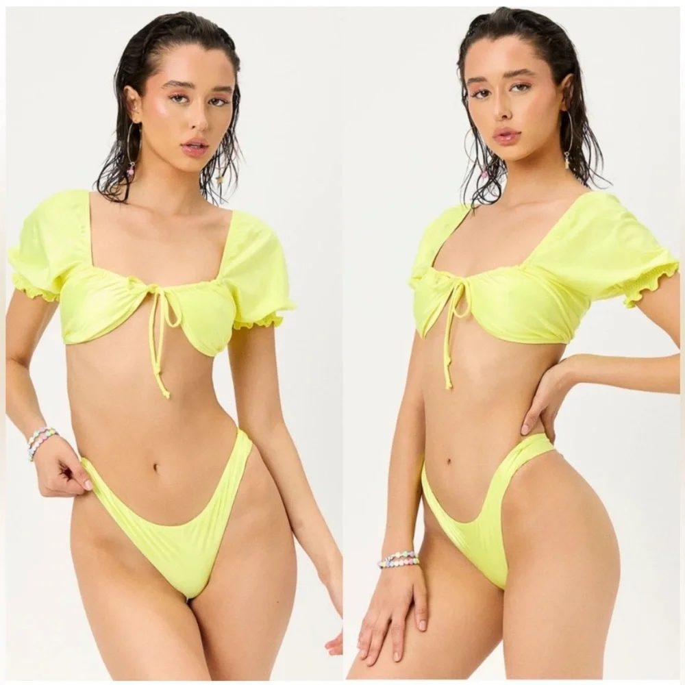 NWOT Frankie’s Bikinis x Naomi Osaka lemon drop Carly puffy sleeve bikini top M